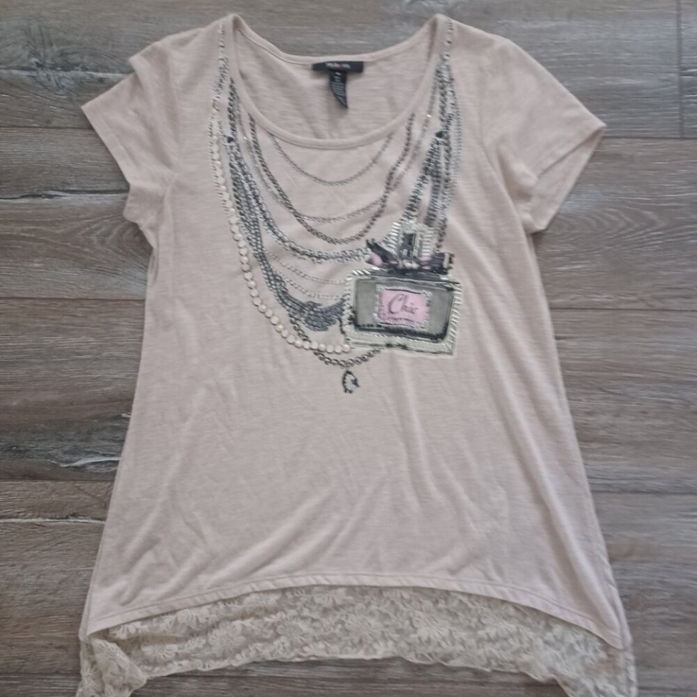 Style & Co. Crew Neck Lace Bottom Jewelry Short Sleeve Top Medium